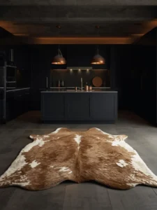 A large natural-toned faux cowhide rug in irregular organic form
