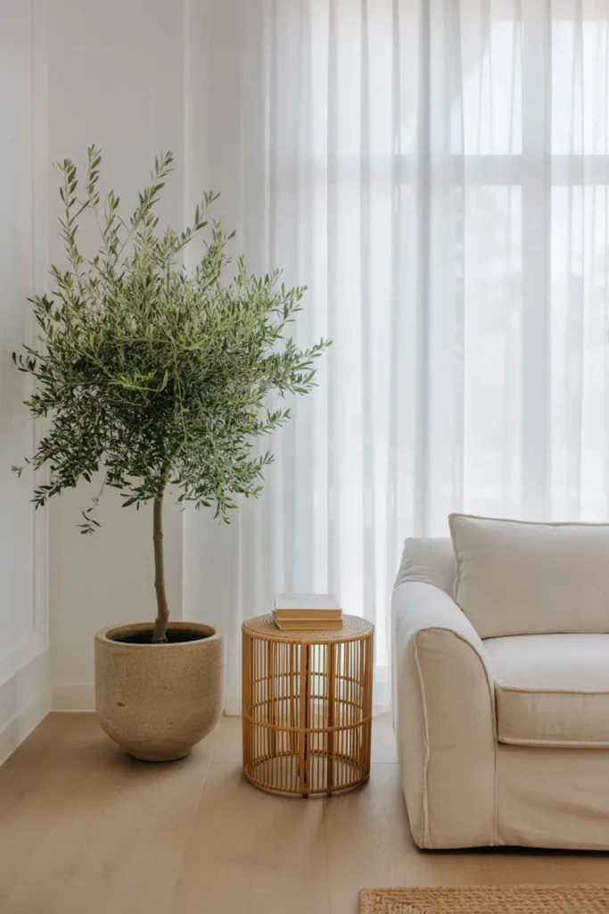 A large olive tree in a matte stone pot stands beside a floor-to-ceiling window