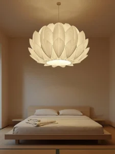 A large white washi paper origami lotus pendant lamp