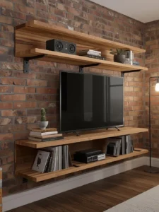 A living room TV wall built from black steel pipe shelf brackets and thick reclaimed oak shelving boards
