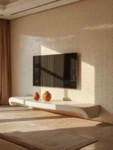 A living room TV wall covered entirely in hand-cut ivory and cream zellige tiles