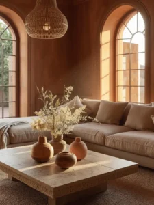 A living room bathed in warm terracotta tones