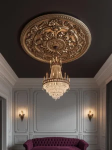 A living room ceiling with an ornate plaster medallion