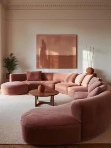 A living room centered on a large dusty rose curved modular sofa with deep cushioning