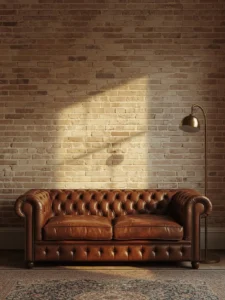 A living room exposed brick wall treated with a soft ivory limewash wash