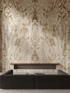 A living room feature wall clad in large-format