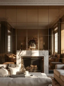 A living room feature wall composed of antique bronze-tinted mirror panels