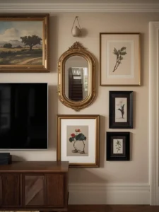 A living room feature wall covered in a salon-style gallery arrangement