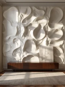 A living room feature wall covered in large-scale ripple-form white plaster 3D wall panels