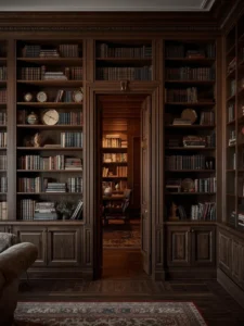 A living room full-wall built-in bookshelf