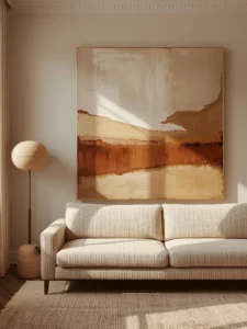 A living room sofa wall dominated by a single enormous abstract canvas