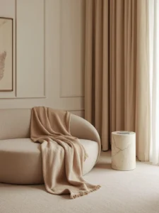 A living room styled entirely in champagne