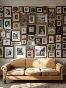 A living room wall entirely covered in a generous salon