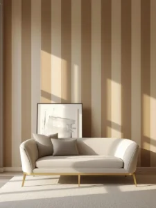 A living room wall painted in alternating tone-on-tone warm sand vertical stripes