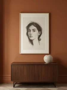 A living room wall with a single large-format charcoal portrait drawing