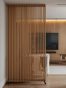 A living room with a freestanding vertical slat wood screen positioned in front of a TV wall