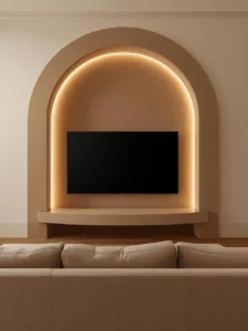 A living room with a hand-plastered arched wall surround framing a large mounted flatscreen TV