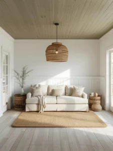 A living room with a shiplap plank ceiling painted in warm dusty sage green