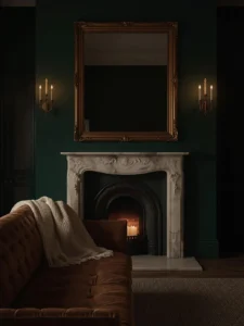 A living room wrapped in deep forest green limewash walls