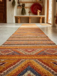 A long handwoven kilim runner in rich saffron