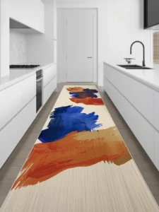 A long kitchen runner featuring large gestural abstract brushstroke artwork