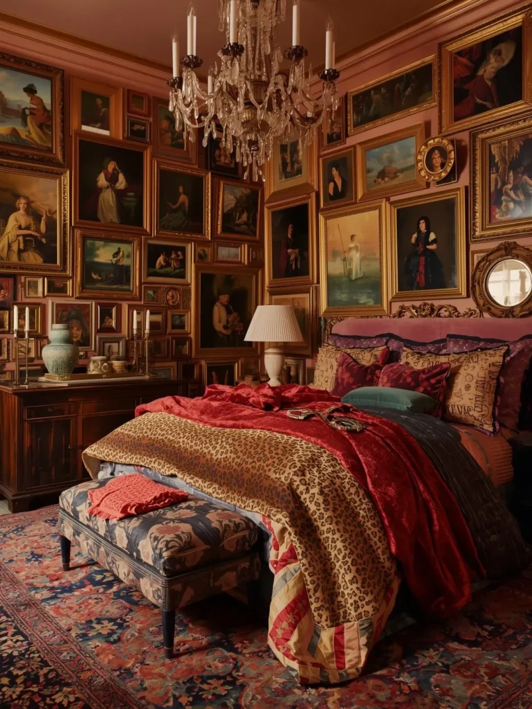 A maximalist bedroom remodel shot in warm tungsten light