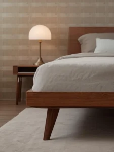 A mid-century modern wooden bed