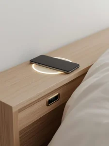 A minimal high-tech bedroom nightstand rail detail shot
