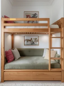 A modern bunk bed in natural ash timber with a plush built-in sofa