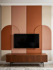 A modern living room TV wall featuring a geometric arrangement of acoustic fabric panels