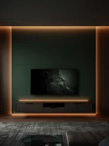 A moody living room with a single deep forest green feature wall