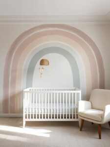 A nursery accent wall painted with a sweeping oversized pastel rainbow arch in watercolour-wash technique