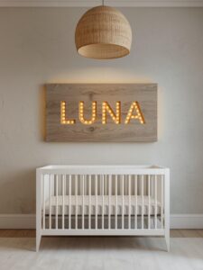 A nursery wall featuring a child's name — "LUNA"