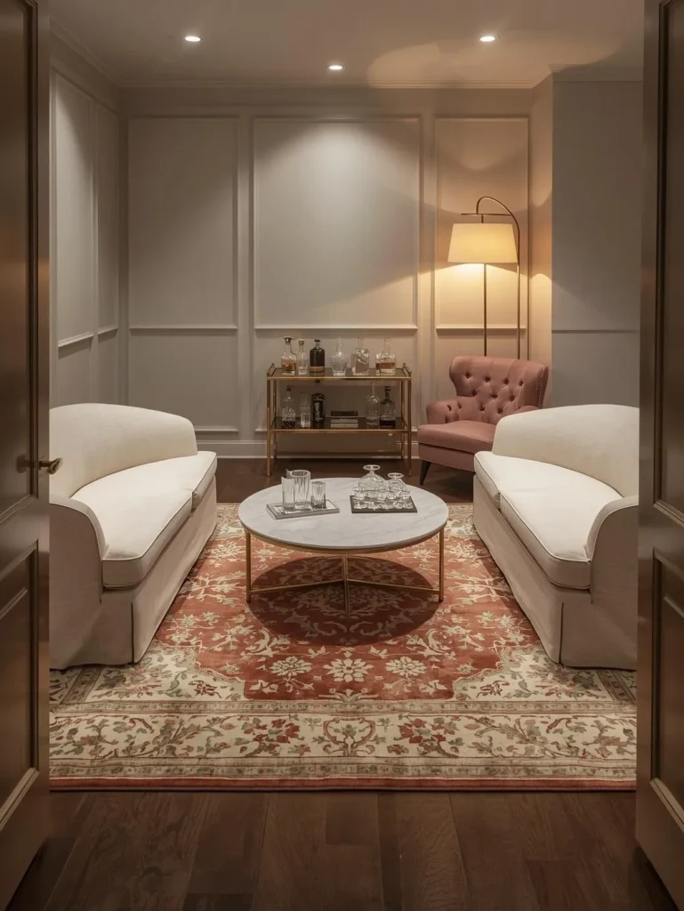A parlor remodel photographed from the doorway