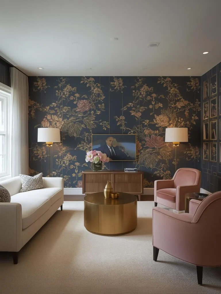A parlor remodel where the wallpaper is undeniably the star