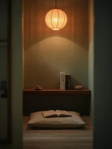 A peaceful Japandi reading nook photographed at dusk