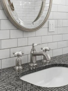 A polished nickel widespread bathroom faucet