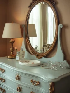 A powder blue vintage vanity dresser with ornate brass hardware