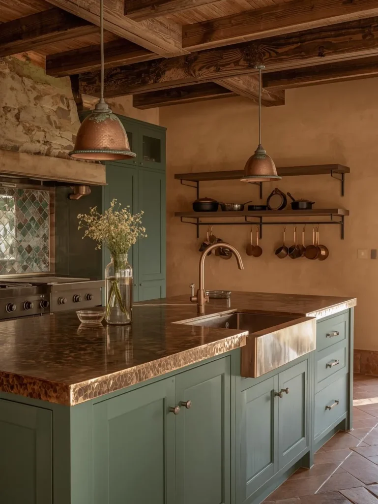 A richly material kitchen with deep sage green flat-front cabinetry