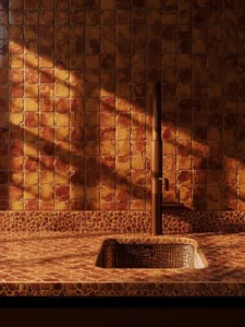 A richly styled kitchen with a zellige-tiled countertop