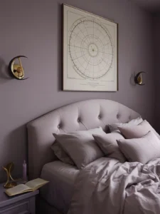 A romantic lavender bedroom with celestial theming