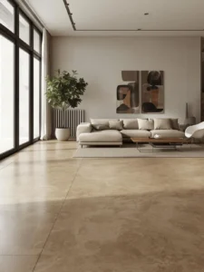 A seamless warm greige micro-cement living room