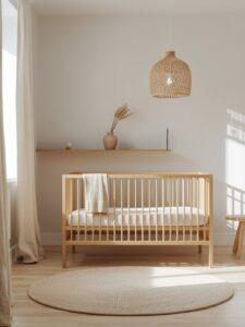 A serene Japandi nursery in pale ash and warm ivory