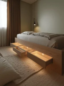 A serene, low-profile floating bed platform in matte white oak finish