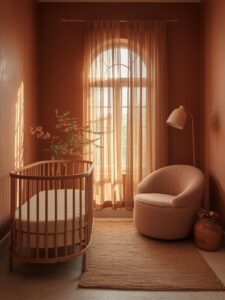 A serene nursery bathed in warm terracotta tones