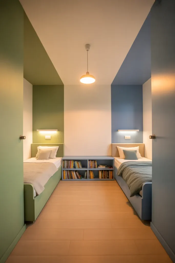 A shared kids bedroom with two single beds against opposite walls