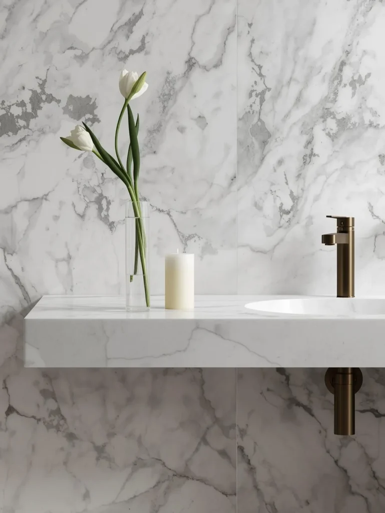 A side-angle photo of a bathroom vanity