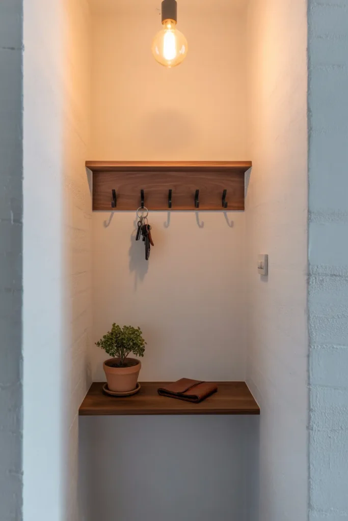 A single walnut floating shelf mounted at eye level with three matte black hook rails below