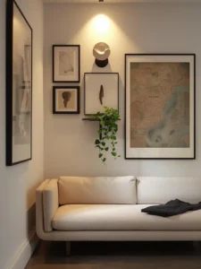 A small apartment living room featuring a dramatic vertical gallery