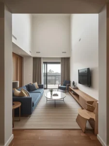 A small apartment living room furnished entirely with low-profile pieces